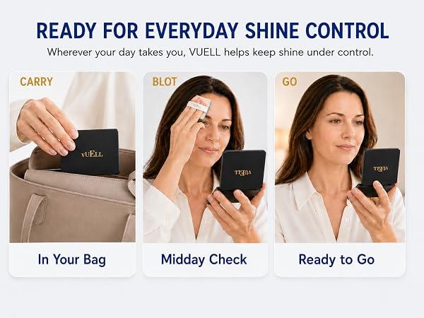 VUELL on-the-go shine control compact for bag, blot, and go moments