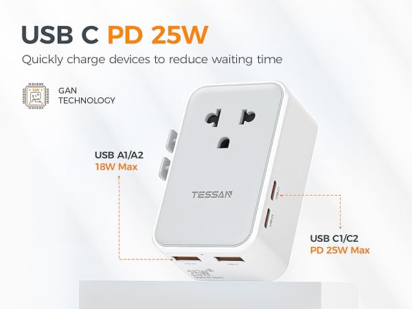 Worldwide Plug Adaptor with 2 USB A 2 USB C for US to European UK Australia Ireland