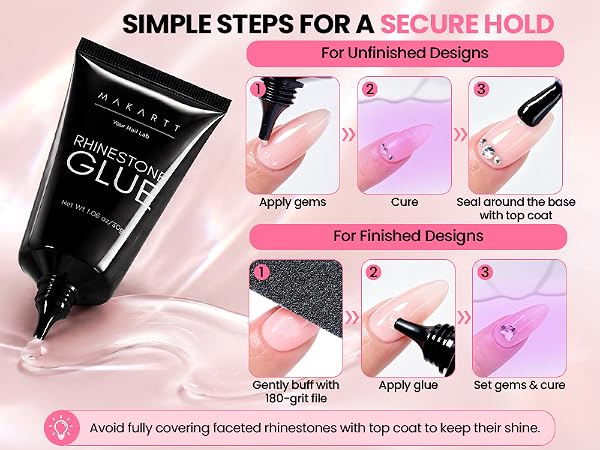 Avoid fully covering faceted rhinestones with top coat tokeep their shine.