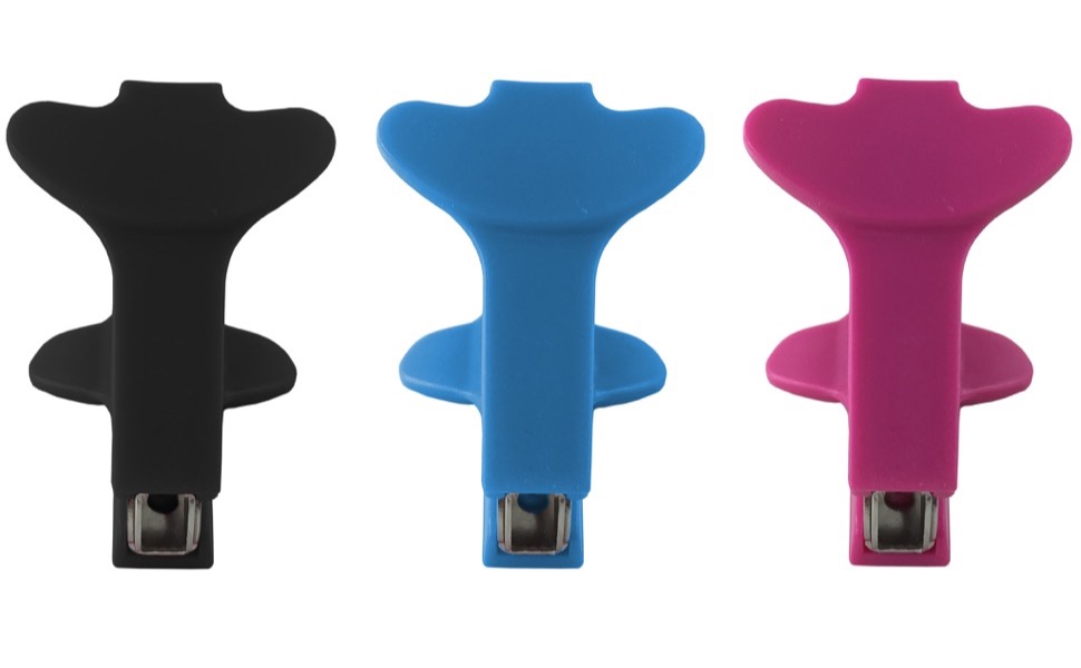 Black, blue and pink Clipco staple removers seen from above