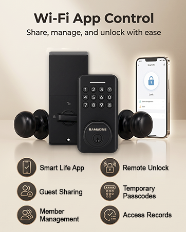 BAMoONE Wi-Fi smart door lock with mobile app control.