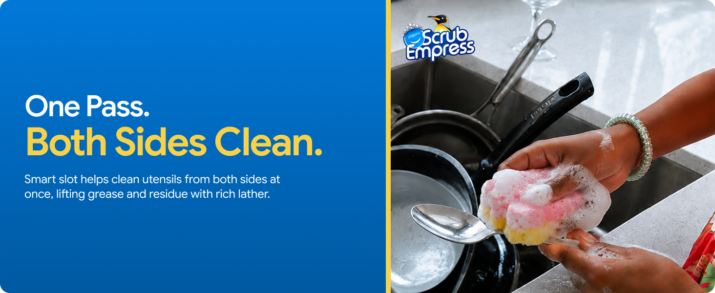 Reusable dish sponge delivers powerful cleaning with a soft side and firm scrubber