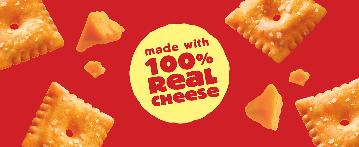 Original Cheez-It crackers and scattered on a red background, Made with 100% Real Cheese