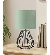GOEBLESON Green Table Lamp, Small Bedside Lamp with Green Linen Shade & Black Metal Base, 2700K L...