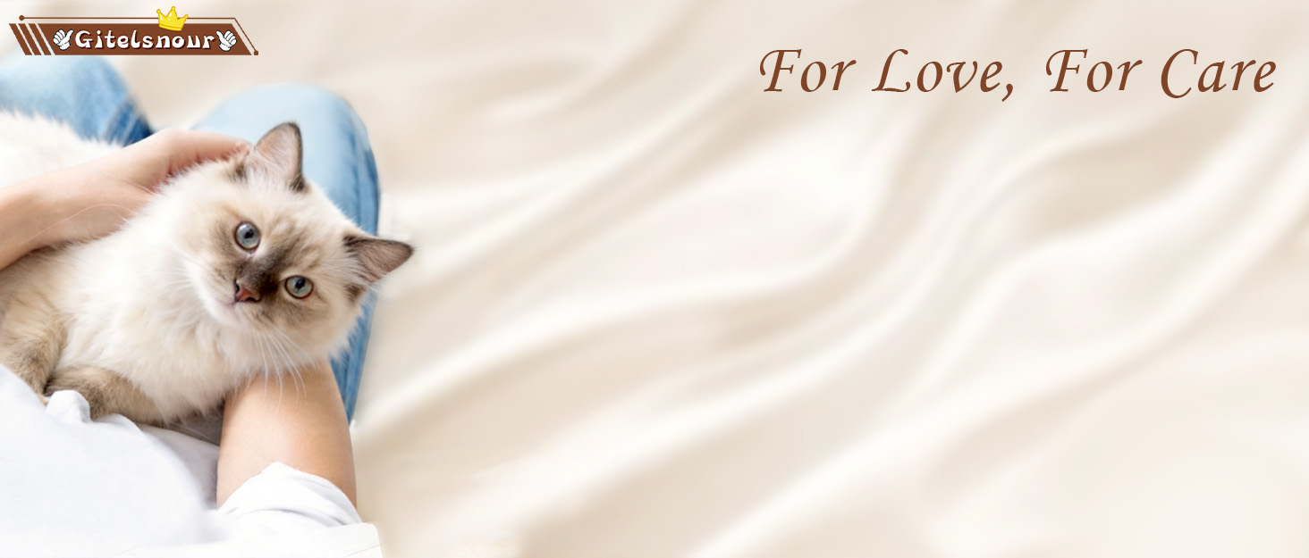 Text reads 'For Love, For Care'. Close-up of person using blue grooming tool on light-colored cat in bed setting.