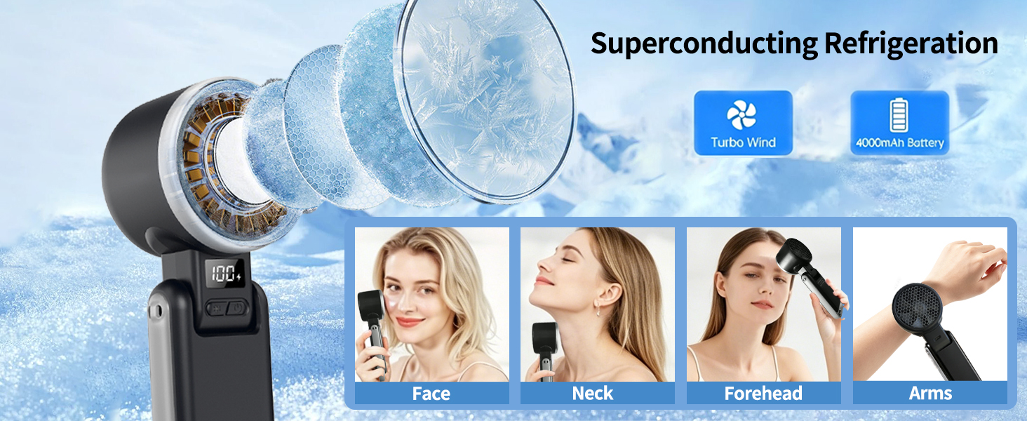 Text reads 'Superconducting Refrigeration'. Handheld cooling device with dual rotating mesh heads shown with four demonstration photos of facial application on woman's face and neck.