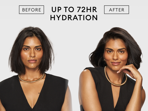 Before-and-after shot of woman's hair going from damaged and frizzy to moisturized and soft.