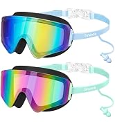 Vvinca 2 Pack Kids Swim Goggles with Attached Earplugs & Nose Clip, Frameless Anti-Fog Wide View ...