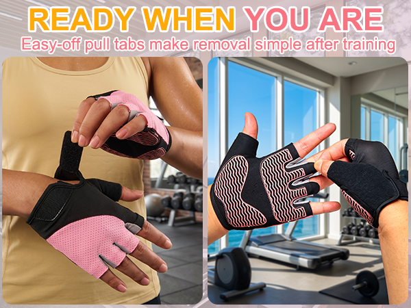 Workout gloves with easy-off finger pull tabs
