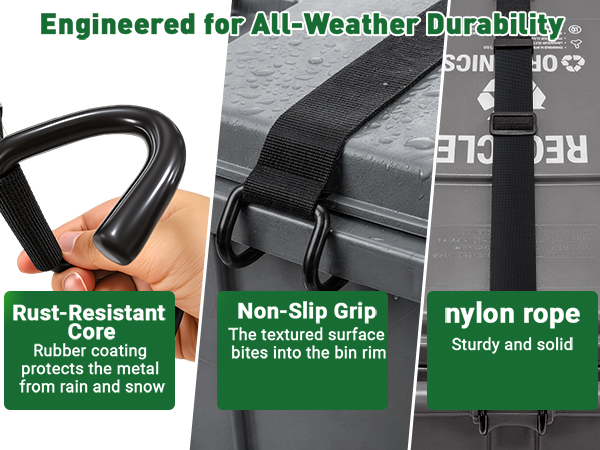 Three steps: hook metal claw onto lid handle, wrap strap around lid, pull tight, slide to lock.