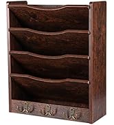 PAG 5-Tier Wall File Holder Hanging Mail Organizer Wood Magazine Literature Rack with 6 Hooks, Brown