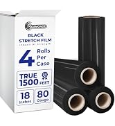 Rosmonde 18" Black Plastic Wrap, 4 Pack, 80 Gauge Thick, 18" x 1500 ft Roll, 9.4 lbs/Roll, Indust...