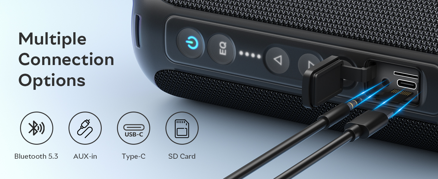 Wireless Bluetooth speaker with multiple wireless audio options, such as SD card and AUX.