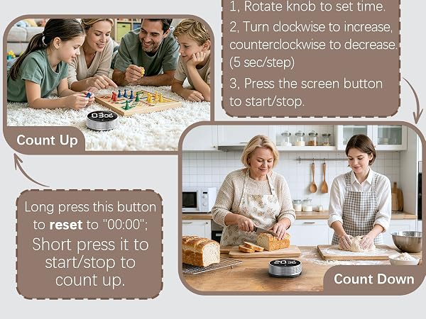 Text reads 'Count Up', 'Long press the button to reset to 00:00', 'Short press it to start/stop the count up.' Interface showing group activity with timer controls and count-up functionality.