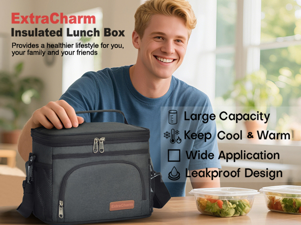 ExtraCharm Insulated Lunch Bag for Women/Men - Reusable Lunch Box for Office Picnic Hiking Beach