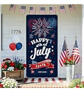 Happy 4th of July Door Cover Banner, 35.4 x 70.8 Inch Front Door Banner with Fireworks and Flag, ...