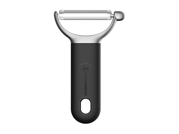 Handheld peeler with stainless steel blade and black ergonomic handle. Features a swivel design for efficient peeling of fruits and vegetables.