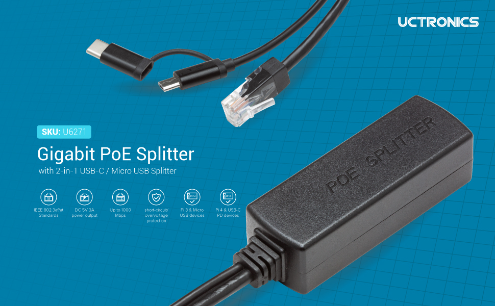 UCTRONICS Gigabit PoE Splitter 5V 3A, 2-in-1 PoE to USB C/Micro USB Adapter