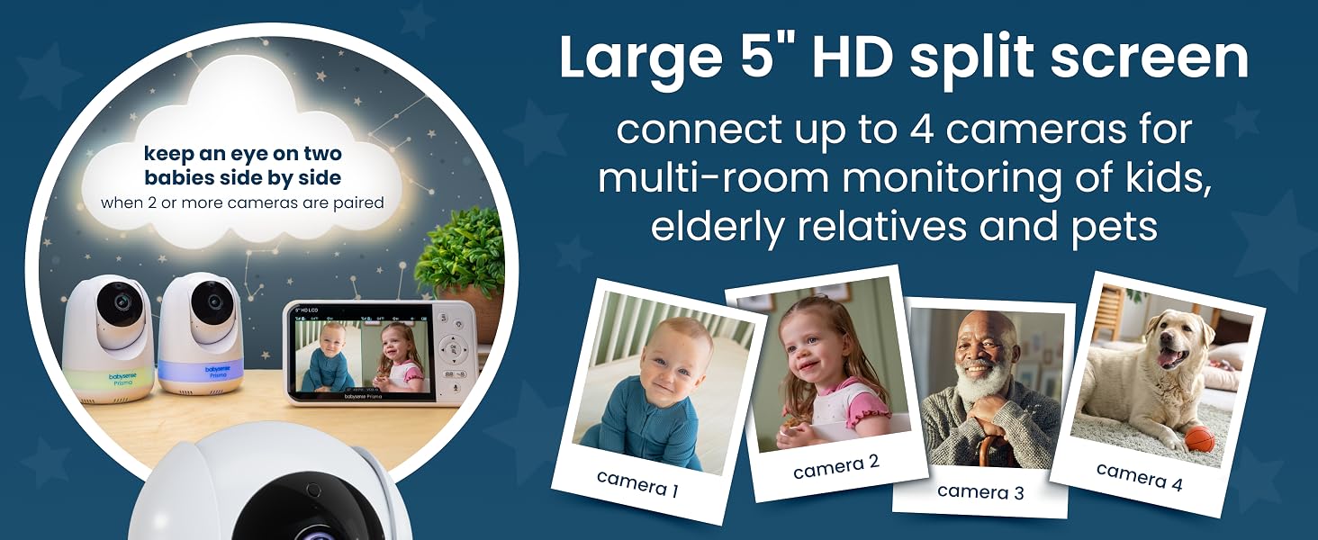 Babysense Prisma Video Baby Monitor, 5" HD Display, 4 cameras, multi-room, kids, elderly, pets