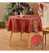 VidaFete Christmas Checkered Round Tablecloth, Red Plaid Xmas Table Cloth Polyester with Leaf Pat...