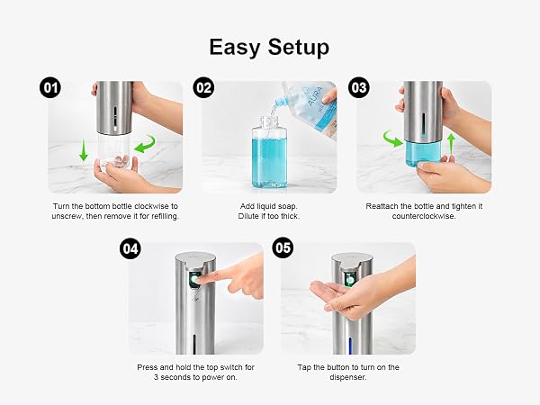 Easy setup soap dispenser, open lid, fill soap, hold power 3 seconds to start, no tools needed.