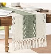 ZeeMart Macrame Style Bicolor Stitching Table Runner, 14 x 72 Inch Green/Ivory, Boho Sage Green T...