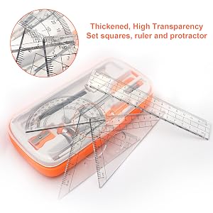 Transparent geometry set including ruler, protractor, and set squares. Thickened design with high transparency in orange carrying case.