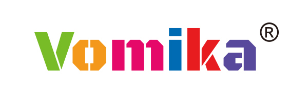 Colorful logo spelling 'Vomika' in various bright hues, with a registered trademark symbol.