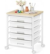 Pipishell Rolling Cart with 5 Drawers, Rolling Storage Drawer Cart with Lockable Wheels & Wood Ta...