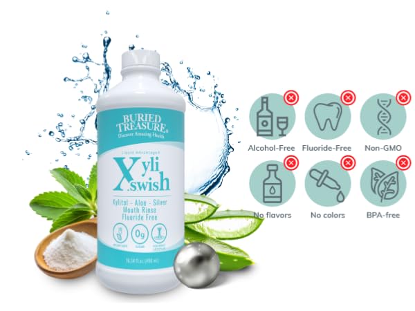 Buried Treasure Xyli Swish: Alcohol, fluoride, BPA, flavor, color & GMO-free mouth rinse.