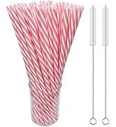 50 Pack 9 Inch Reusable Pink Striped Plastic Straws with 2 Cleaning Brushes,Hard Drinking Straws ...