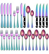 Rainbow 24 Pieces Stainless Steel Silverware Sets With Steak Knives Service For 4,Colorful Eating...