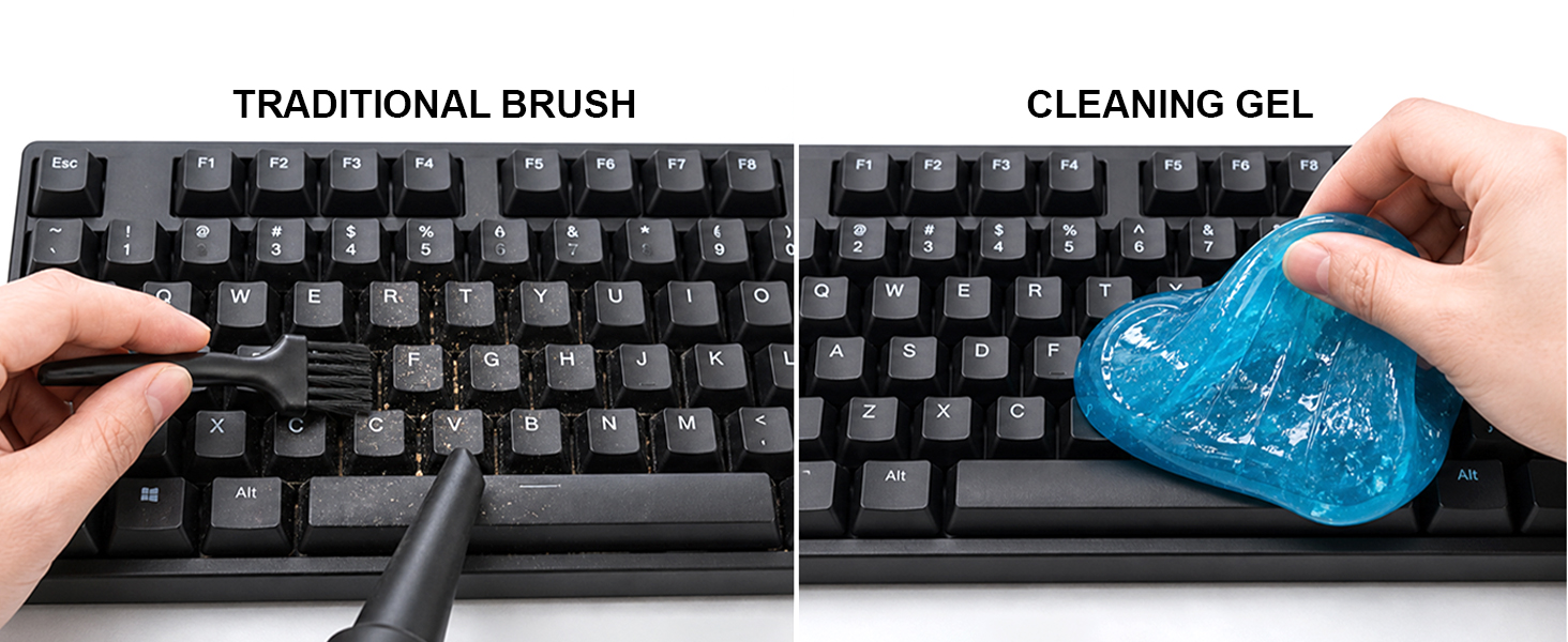 Car cleaning gel outperforms a traditional brush by pulling crumbs from deep between keyboard keys
