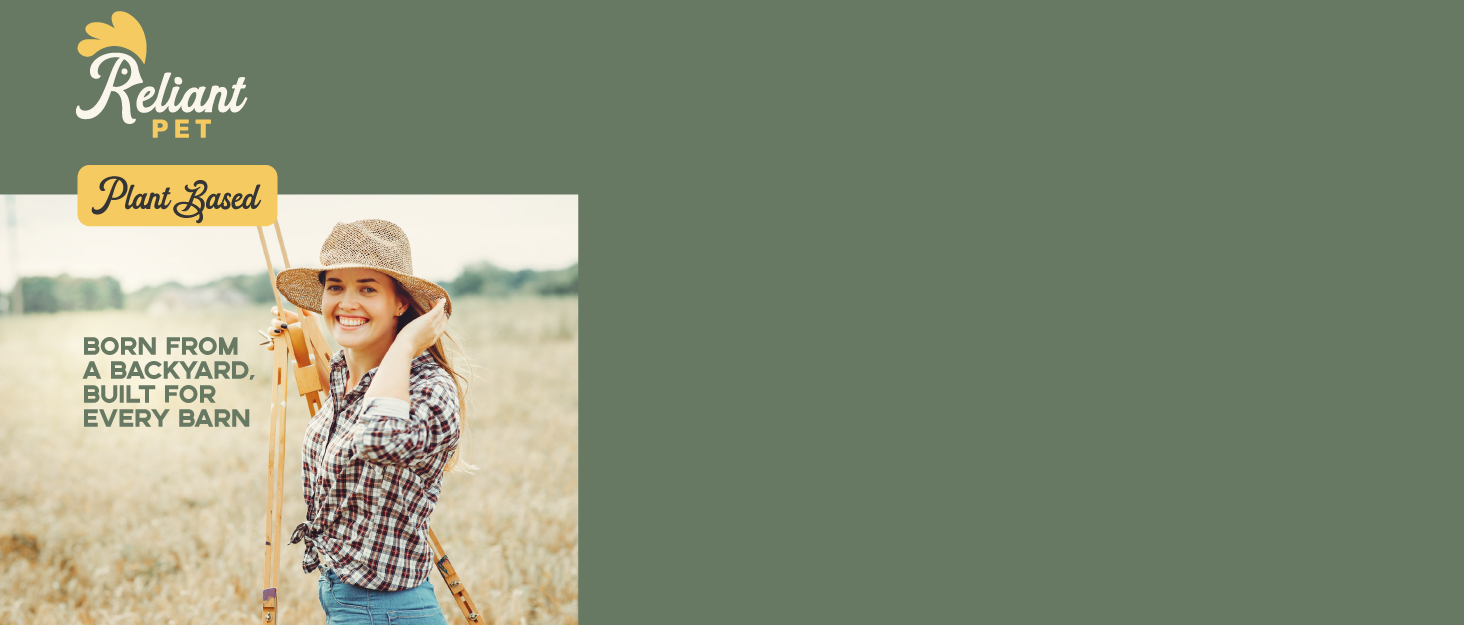 Woman smiling in a field with Reliant Pet logo on green background and plant-based sign