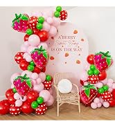 Adeyoo Strawberry Balloon Garland Arch Kit for Berry First Birthday Party | 130Pcs Pink, Red, Gre...