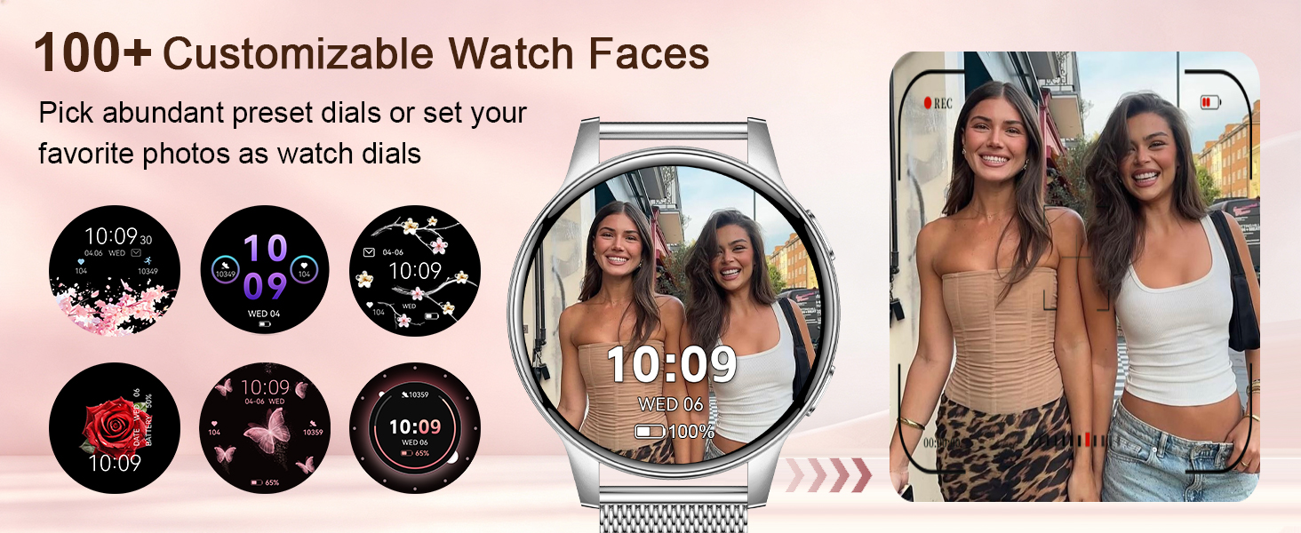 Text reads '100+ Customizable Watch Faces' and 'The smartwatch paired with for all you'. Composite showing 12 circular watch face designs in grid layout with floral and patterned styles, plus watch photos on persons' wrists.