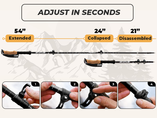 Foxelli flip-lock trekking poles adjust 24–54 in; 21 in disassembled; secure no-slip clamp