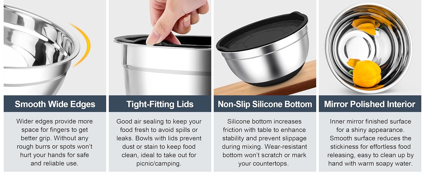 plastic airtight covers retain food freshness, Non-slip silicone bottom prevent the bowls slippage