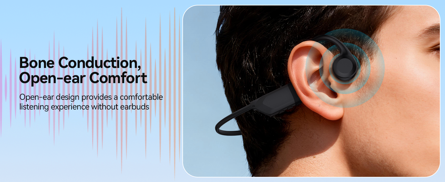 Text reads 'Bone Conduction, Open-ear Comfort'. Product demonstration showing wireless earphones worn on ears, highlighting bone conduction technology.