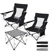 HaSteeL Folding Beach Chair Set of 3, Foldable Black Camping Chairs & Grey Table for Outside, Low...