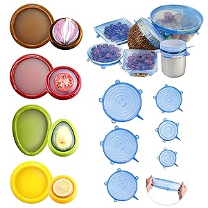 Combo Pack- 4 Anti Oxidation Storage Containers forFruit & Veggie, 6 Silicone Stretch Lids