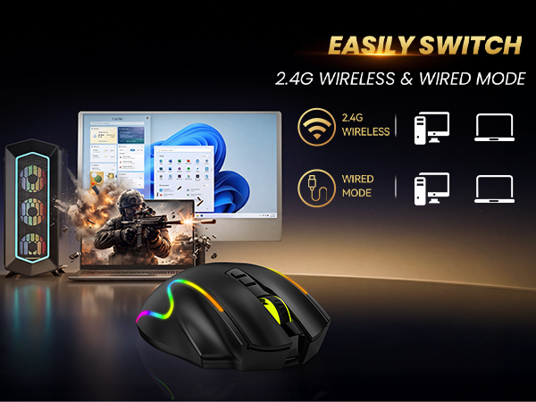 Text reads 'EASILY SWITCH 2.4G WIRELESS & WIRED MODE'. Product display showing wireless mouse/gaming device with charging dock, connecting cables, and multiple electronic components against dark background with illuminated setup.