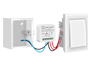 White wall-mounted electrical device with exposed wiring. Appears to be a smart switch or control panel with multiple connection points.