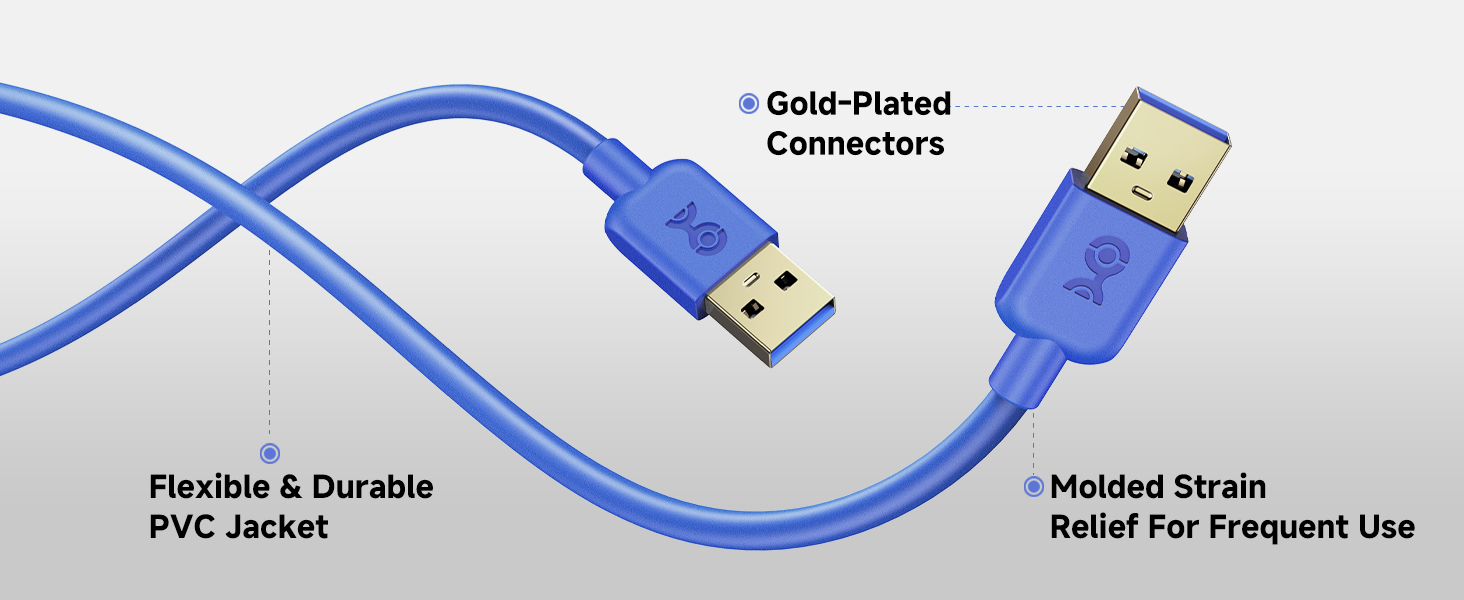 Male to male USB 3.0 cable with gold-plated connectors for error-free data.