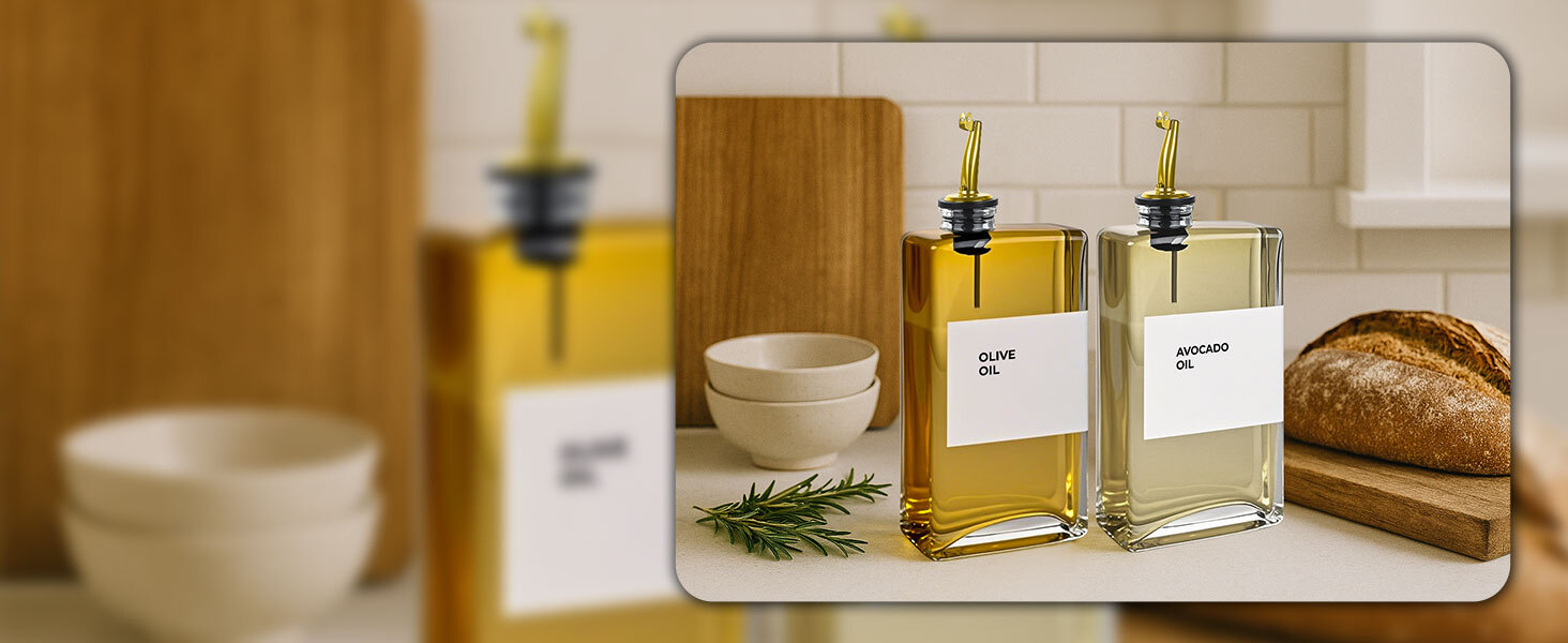 Two labeled glass oil dispensers with gold spouts on kitchen counter