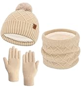 BAHABY Hat Gloves Scarf Set Women, Winter Beanie with Pom Pom Warm Gloves Neck Warmers 3 in 1 Set