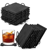ZOOFOX 16 Pieces Drink Coasters, 4 Inch Square Slate Stone Coaster with 2 Holders, Handmade Coast...