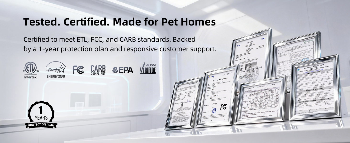 Pet air purifier with multiple certifications, proving thorough testing and reliable safety