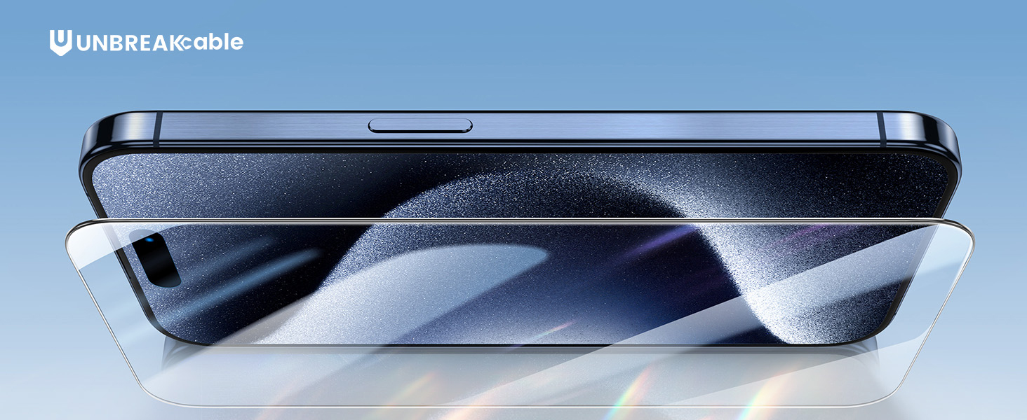 Text reads 'UNBREAKable'. Close-up view of smartphone with curved glass screen protector, showing sleek black device frame against blue gradient background.