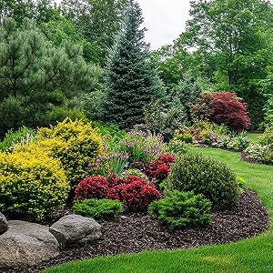 Product image of trees, shrubs and flowers in yard